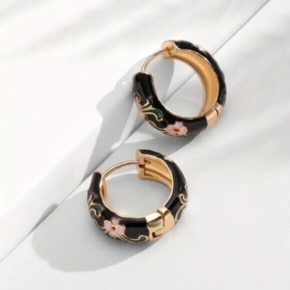None Jewelry - CCO Floral Huggie Hoop Earrings Enamel Stainless Steel Posts Black Pink OS New